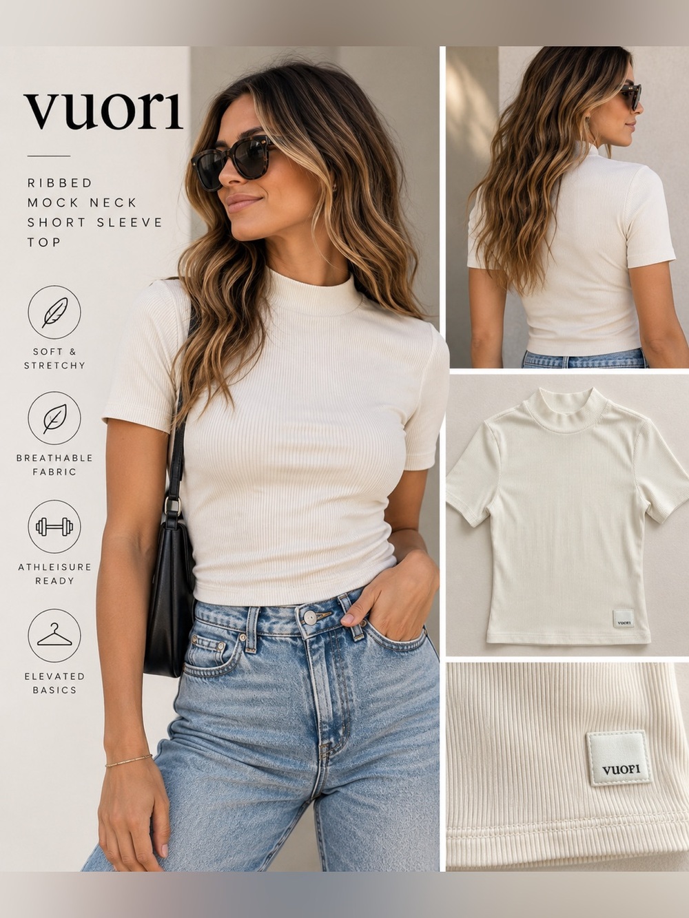 Vuori Ribbed Mock Neck Short Sleeve Top Cream Size Small